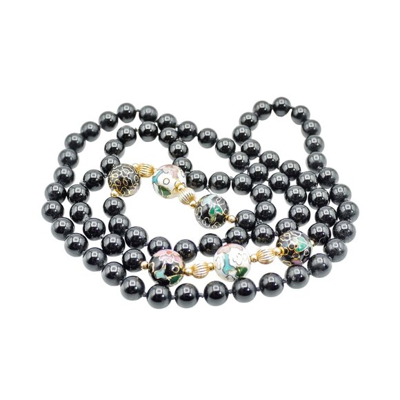 Vintage Black Onyx 12K Yellow Gold and Cloisonné Bead Necklace 31 Inches - Picture 6 of 7